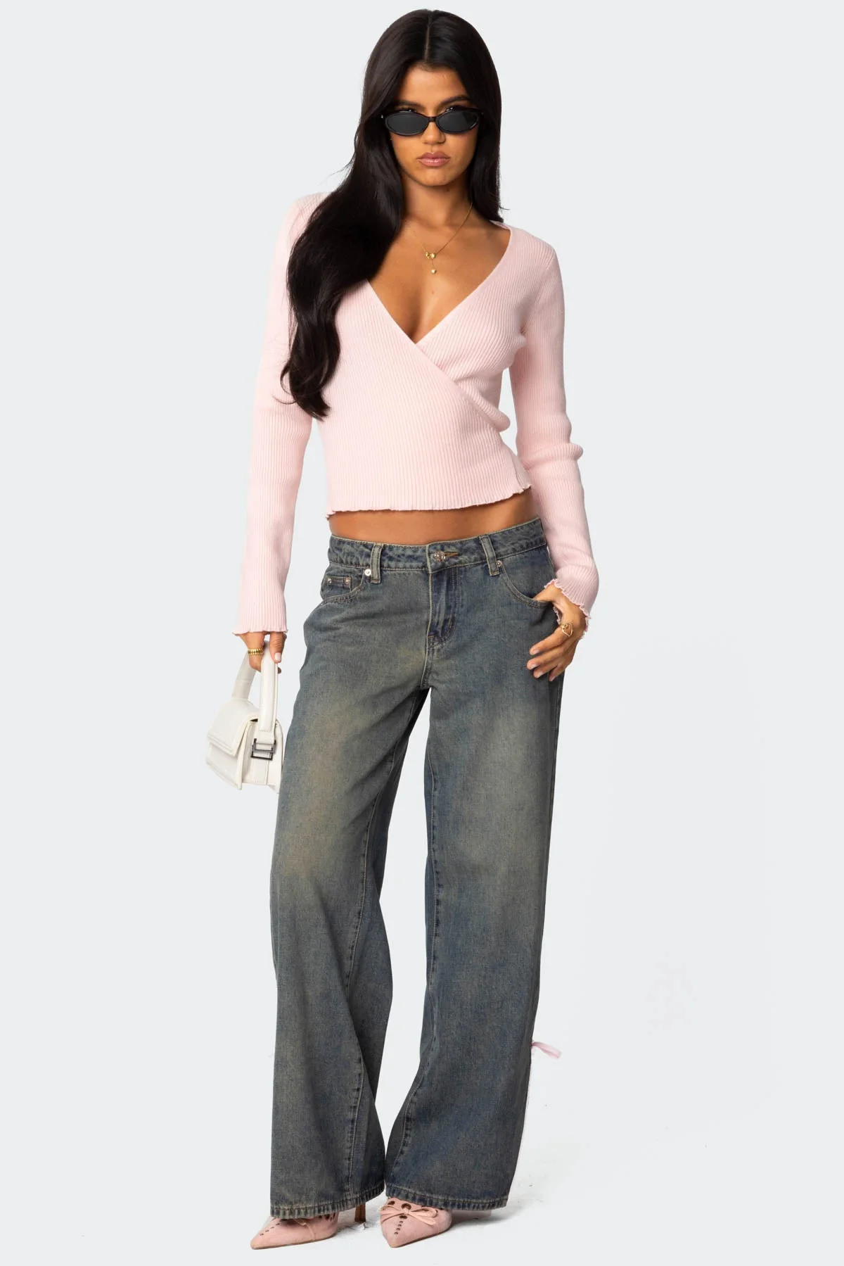 Light Pink Ribbed Knit Wrap Sweater