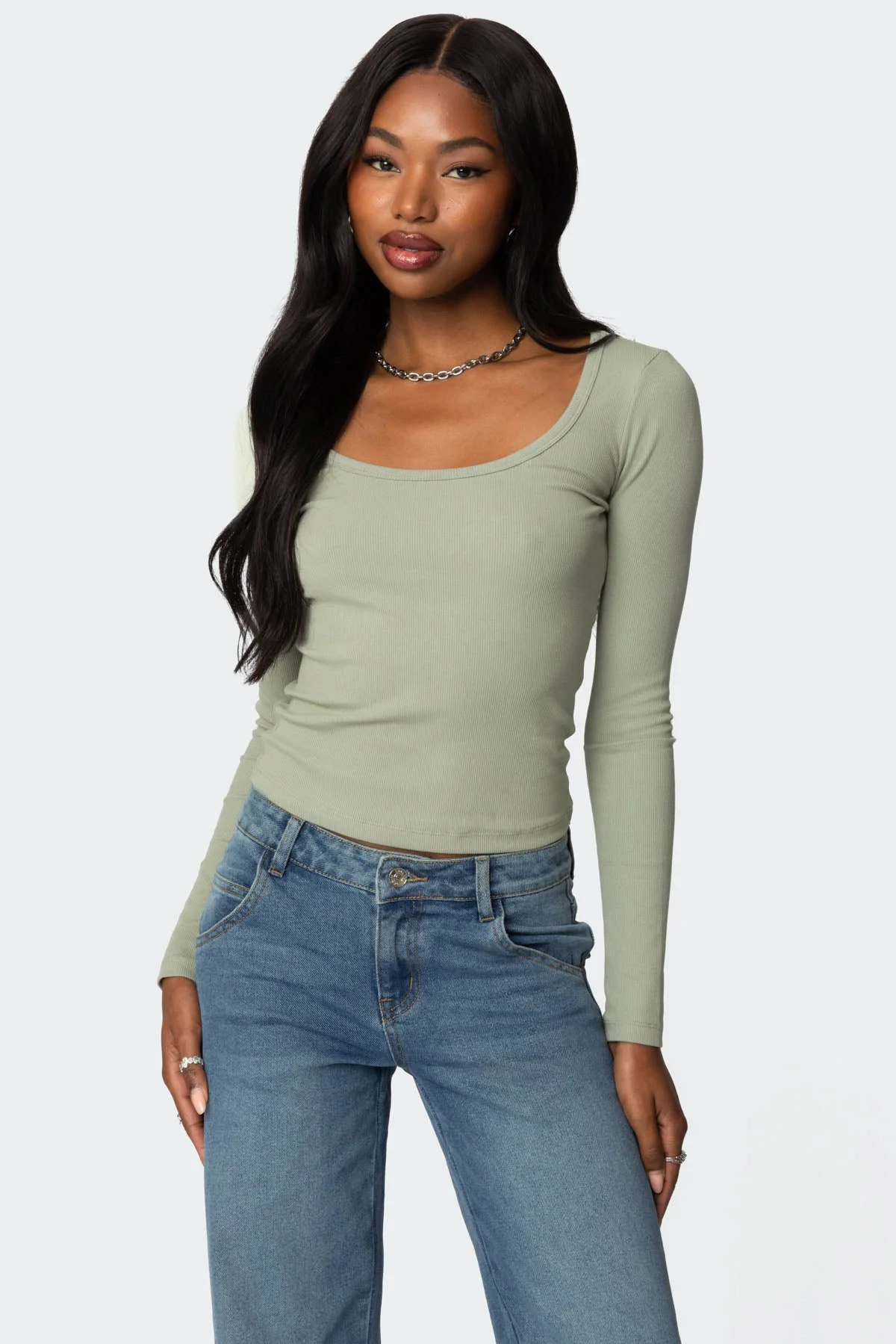 Green Ribbed Scoop Neck Top for Women