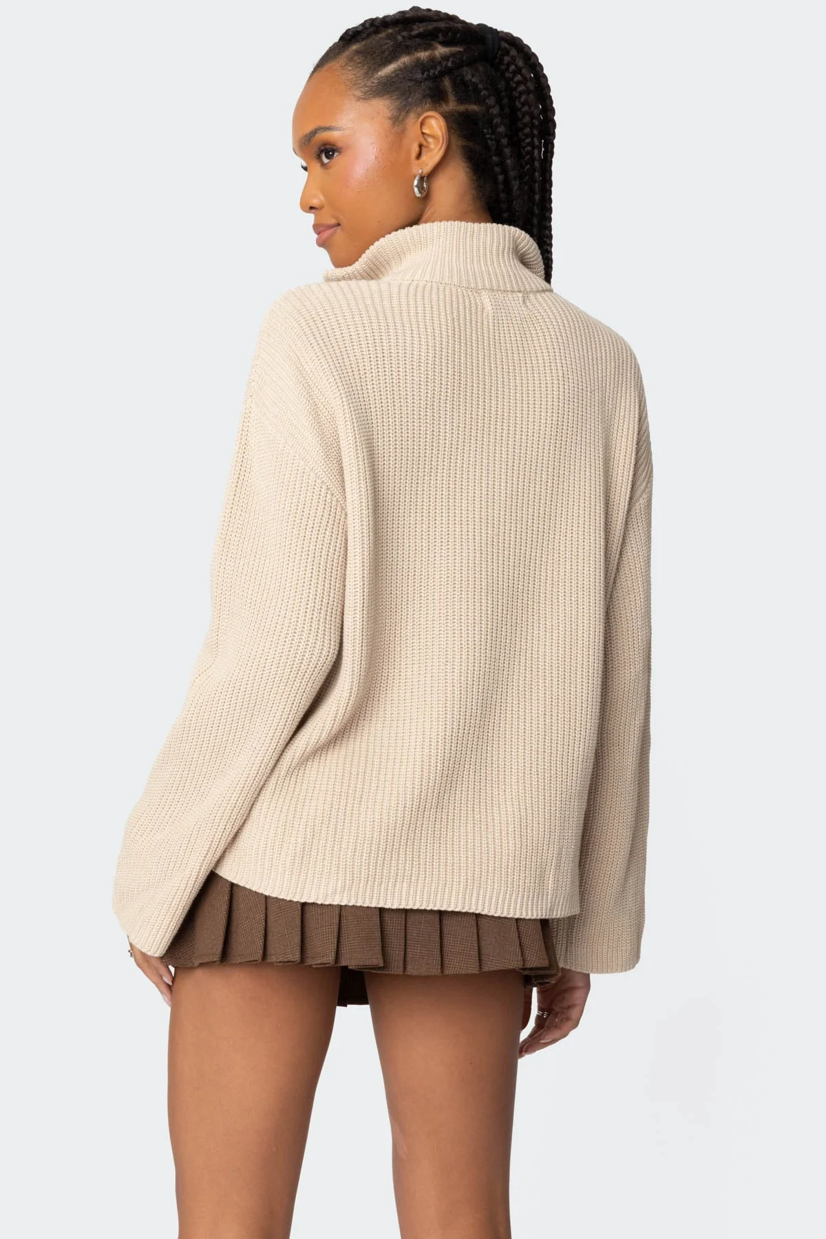 Beige Knitted High Neck Oversized Sweater