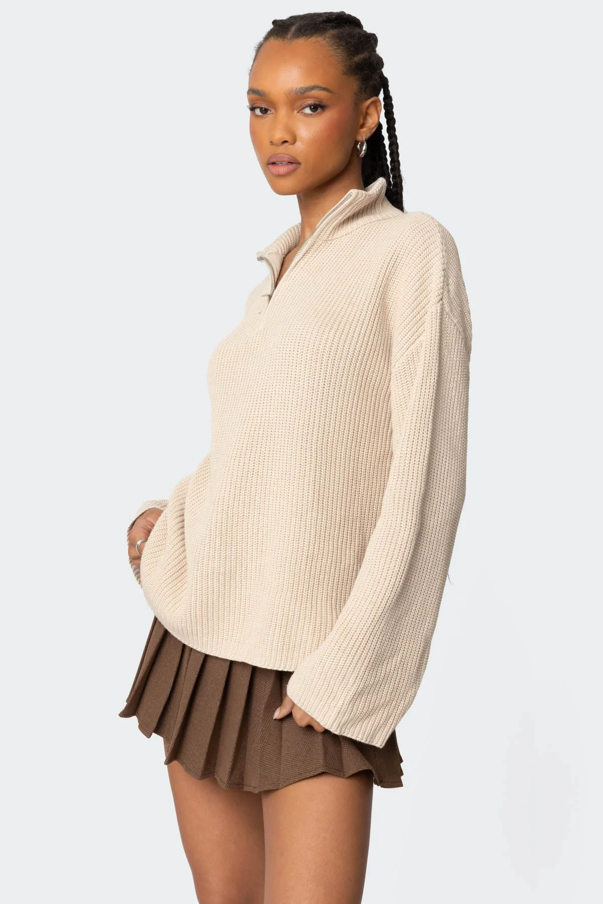 Beige Knitted High Neck Oversized Sweater