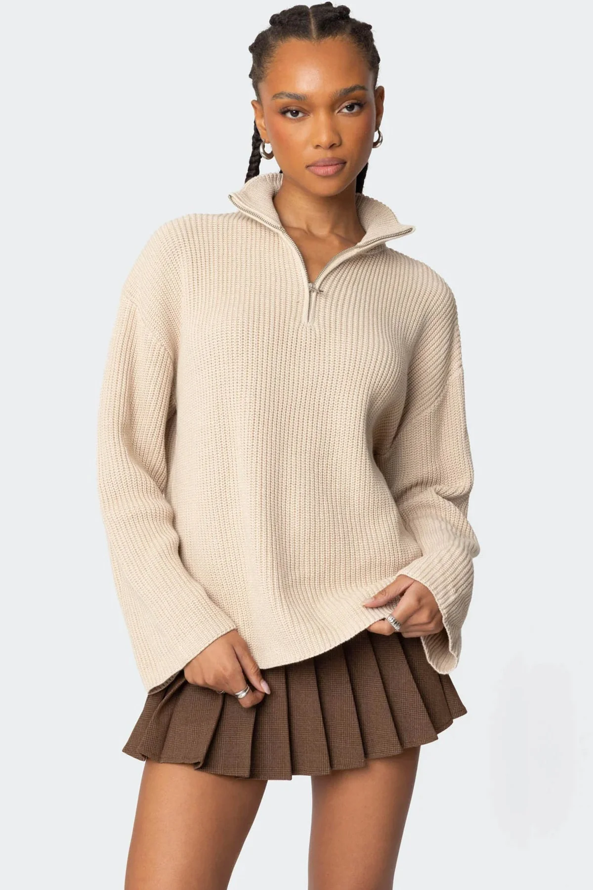 Beige Knitted High Neck Oversized Sweater