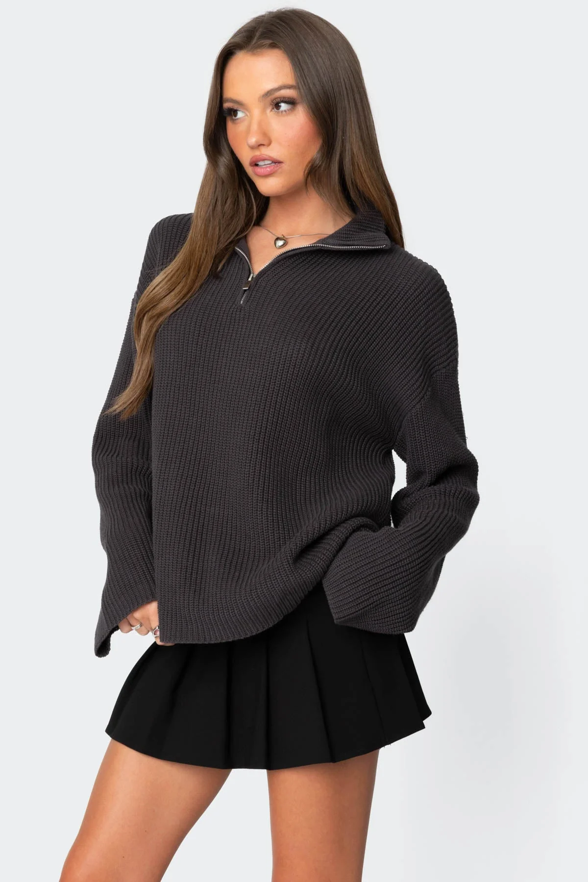 Oversized Dark Gray High Neck Zip Sweater