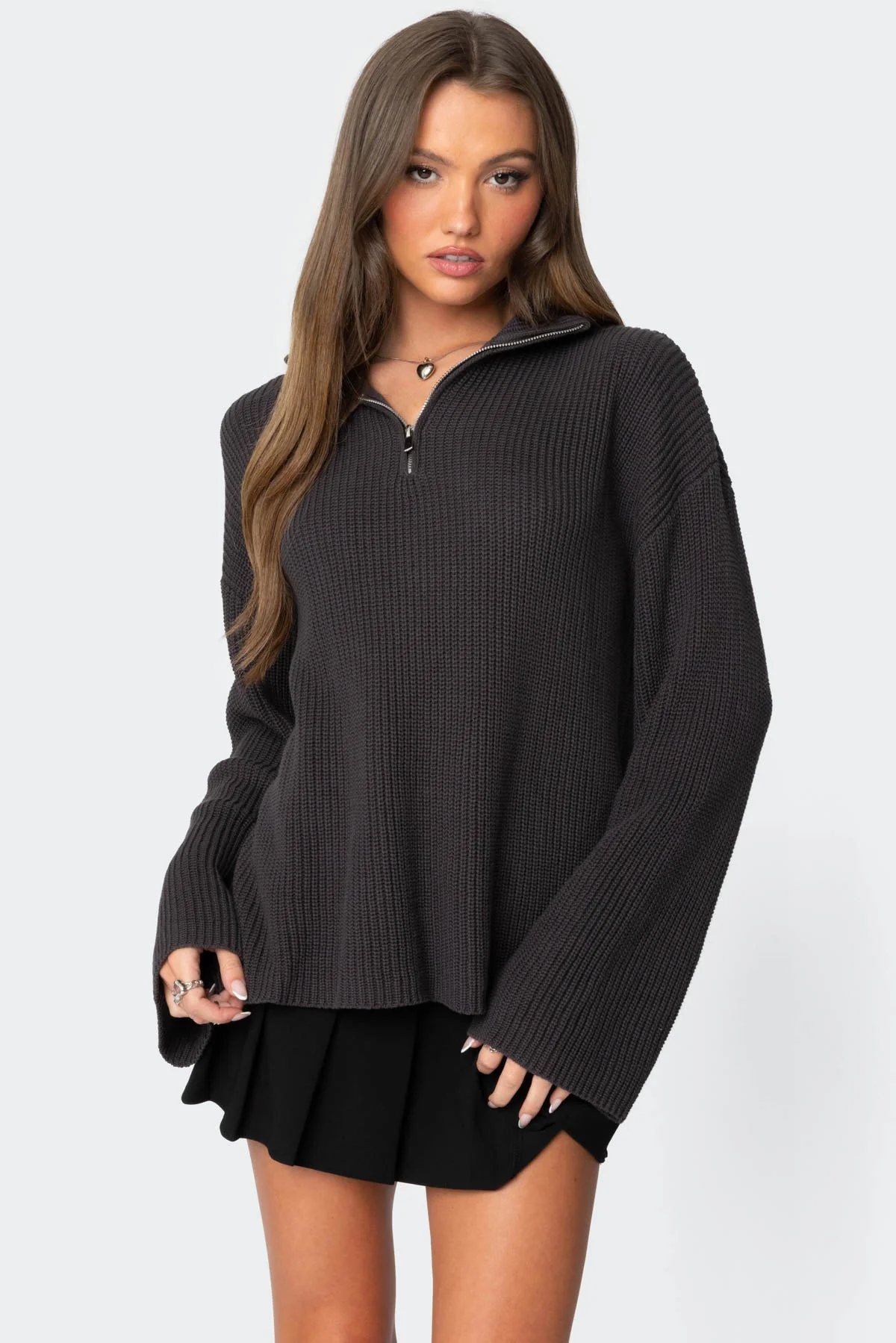 Oversized Dark Gray High Neck Zip Sweater