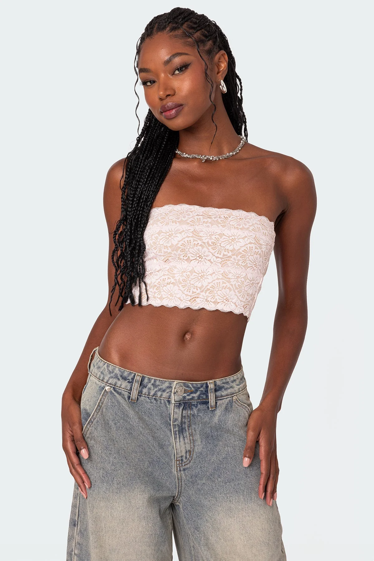 Light Pink Lace Tube Top - Womens Strapless Cropped Fit
