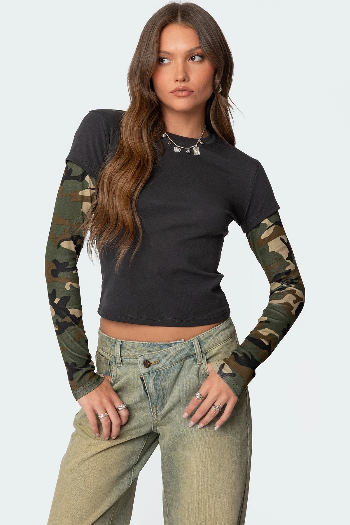 Gray Camo Layered Long Sleeve Shirt