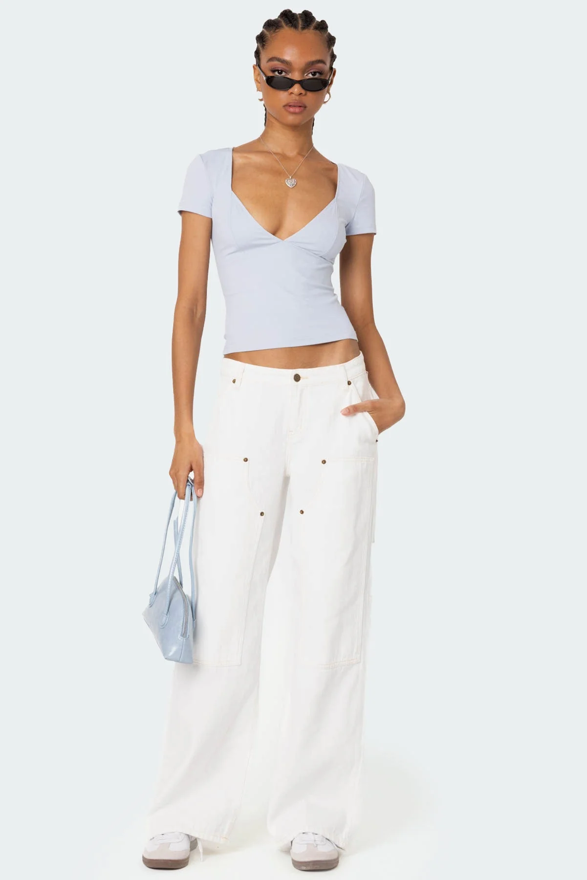 Light Blue V-Neck Top Womens Casual Polyester Spandex Blouse