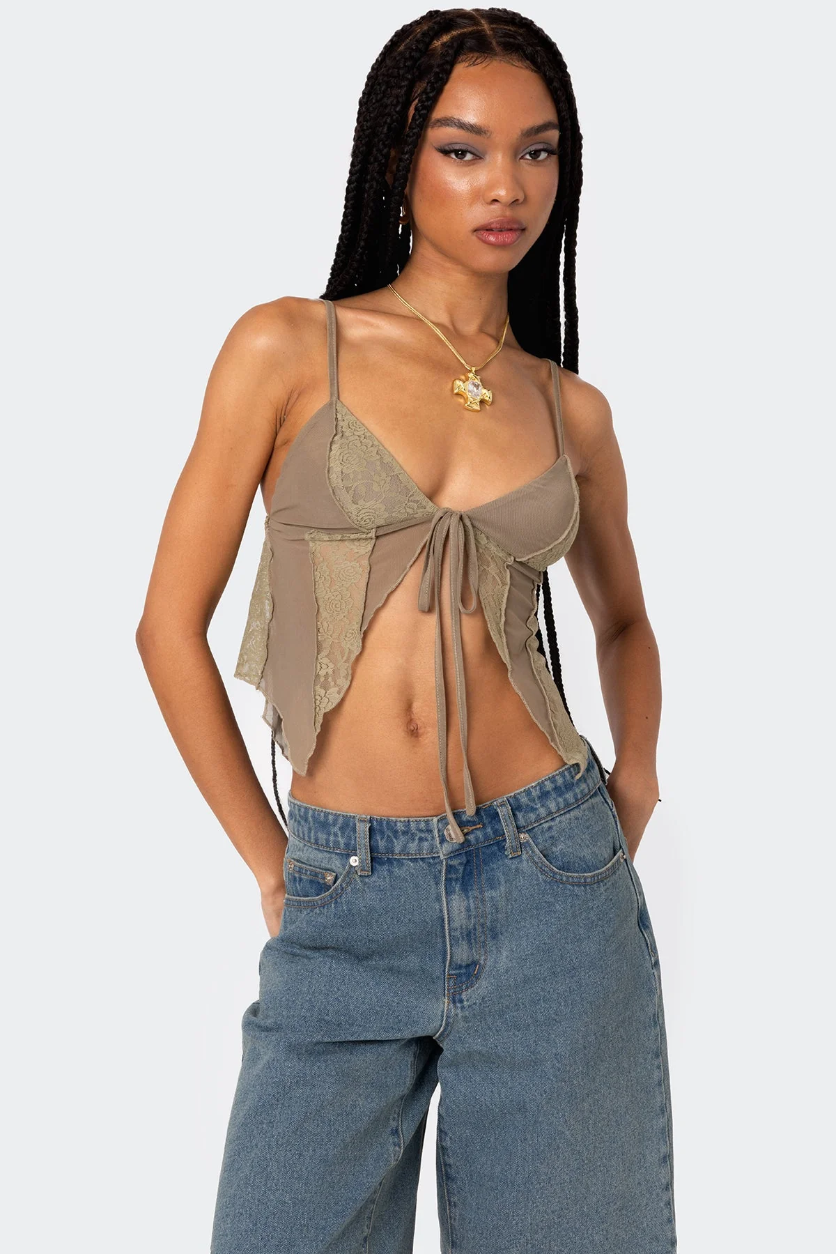 Lacey Mesh Patchwork Crop Top Olive