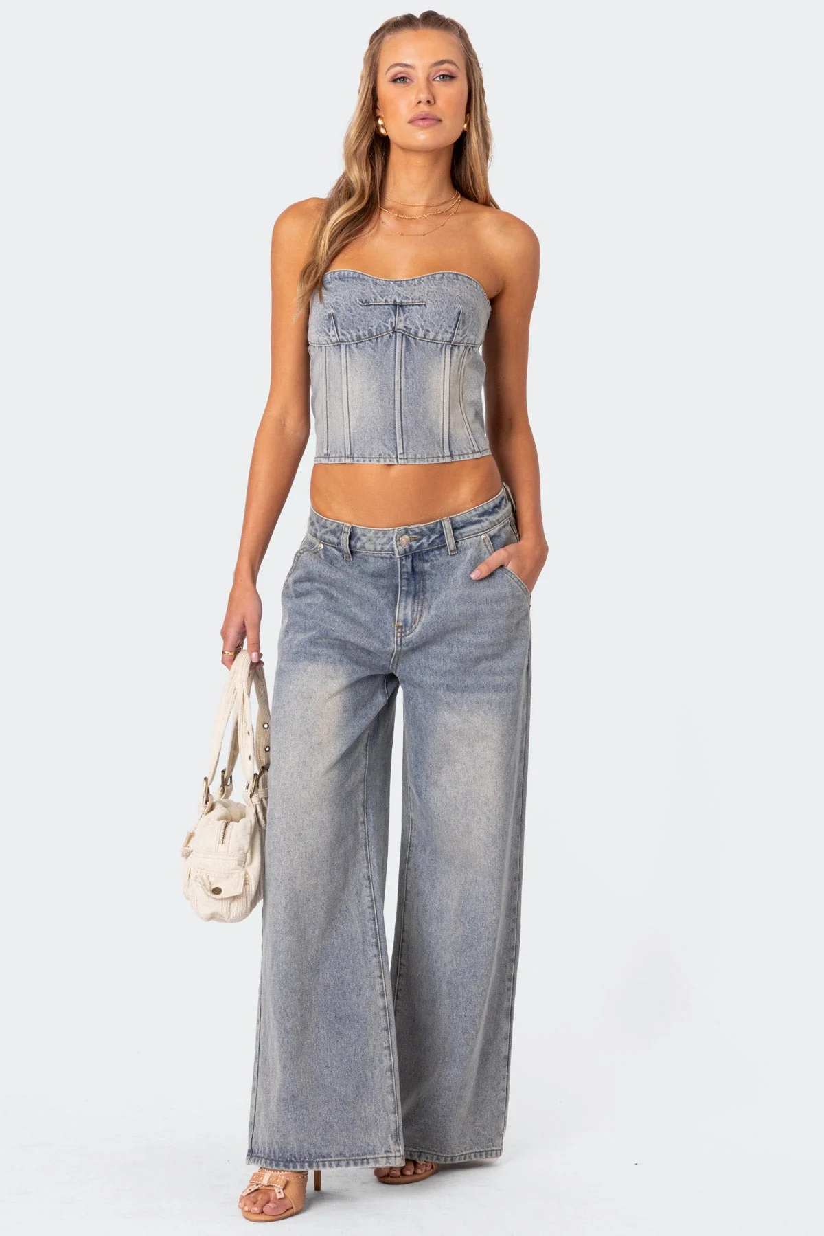 Washed Blue Wide Leg Pants Set for Women