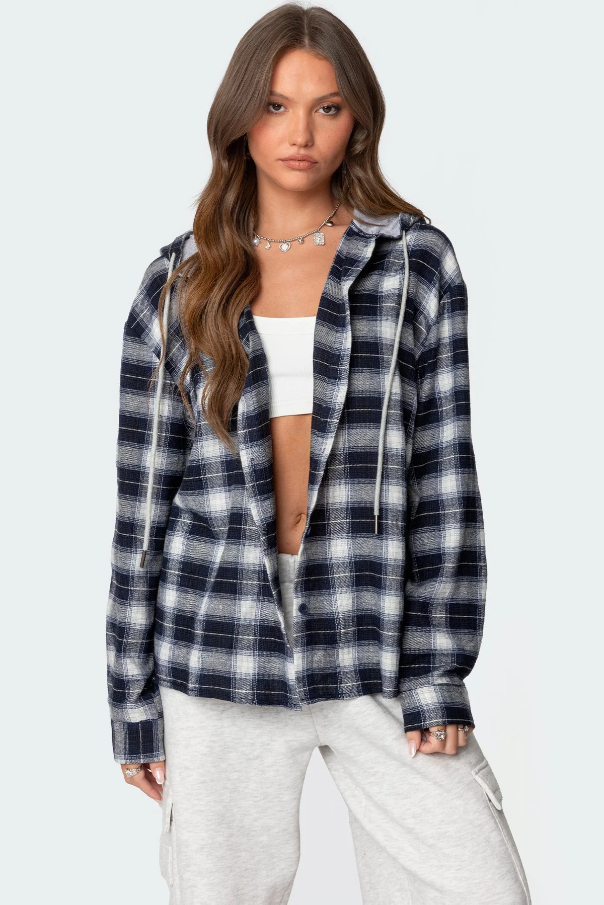 Navy Plaid Hooded Shirt