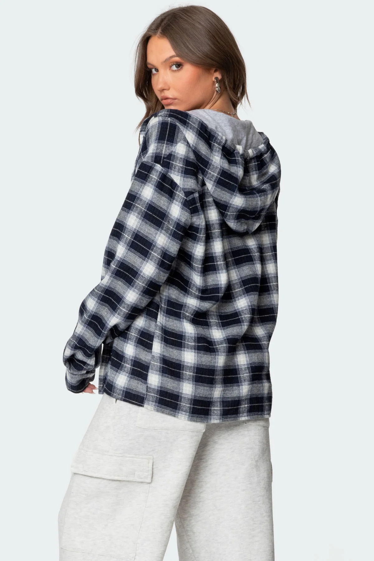 Navy Plaid Hooded Shirt