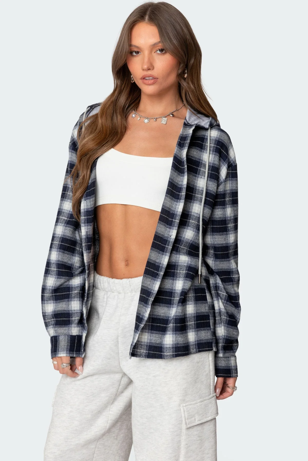 Navy Plaid Hooded Shirt