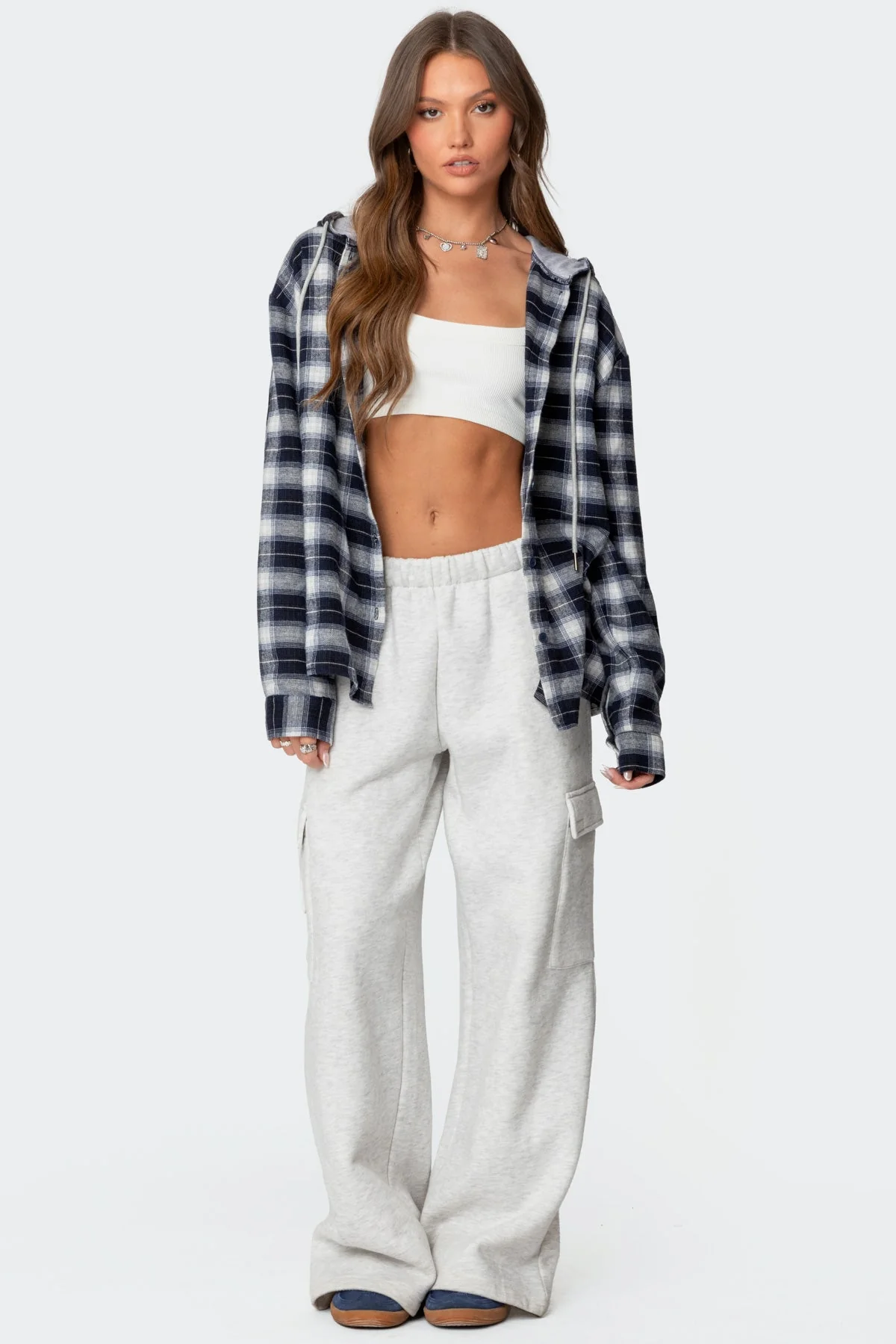 Navy Plaid Hooded Shirt