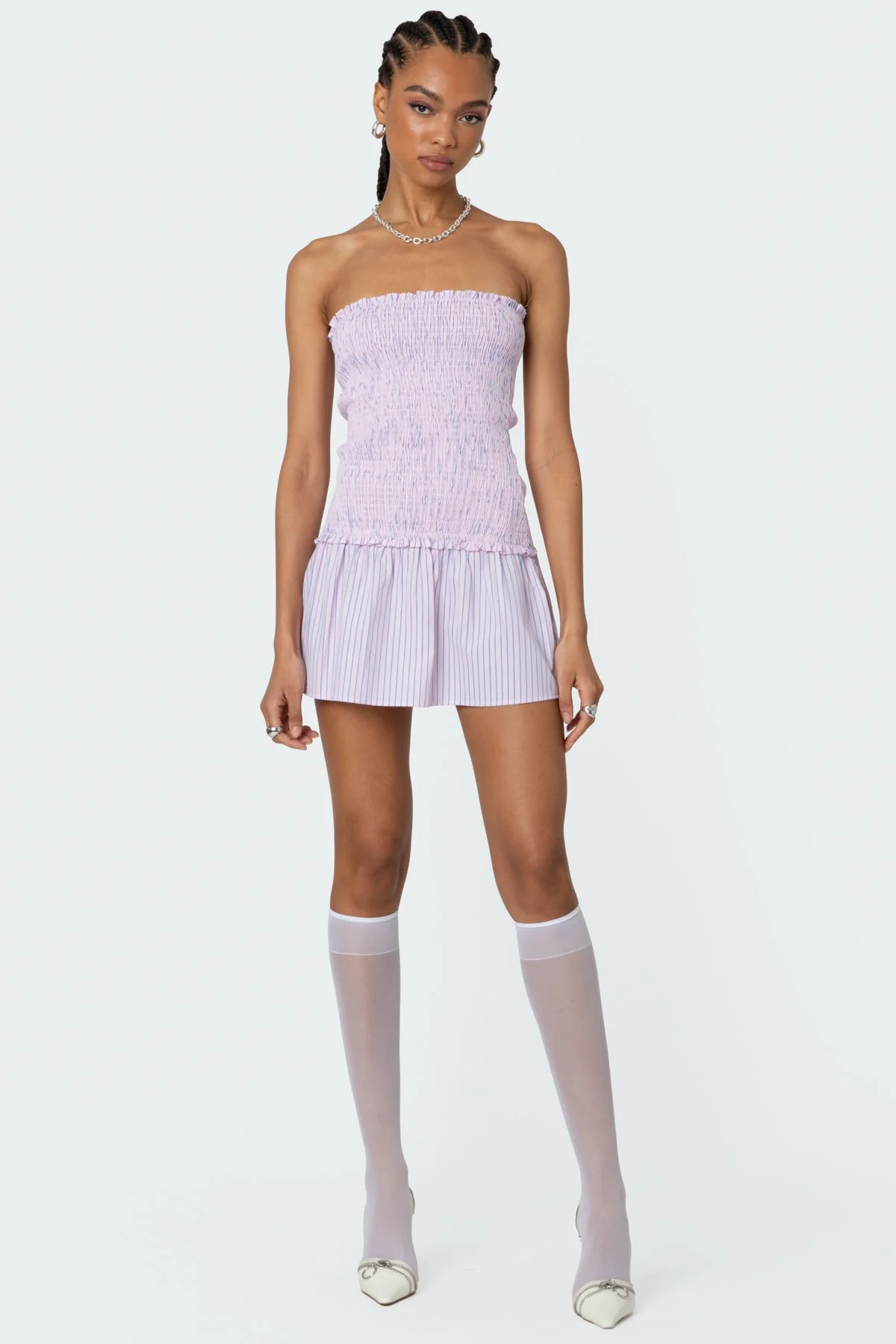 Pink Striped Strapless Mini Dress