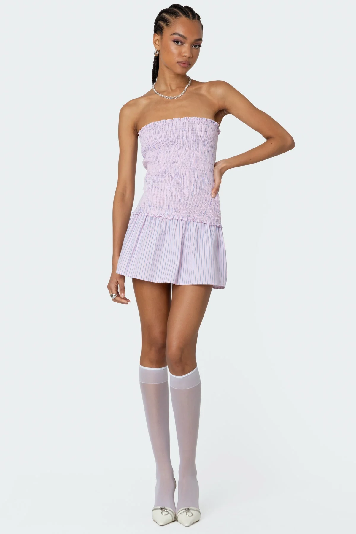 Pink Striped Strapless Mini Dress