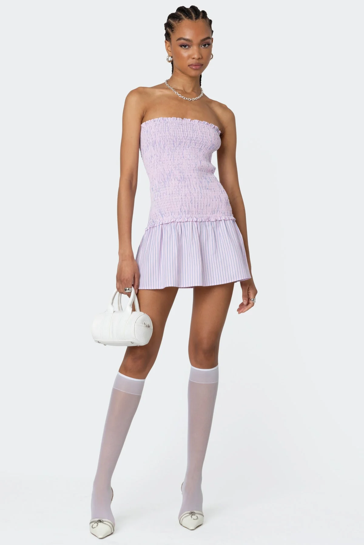 Pink Striped Strapless Mini Dress