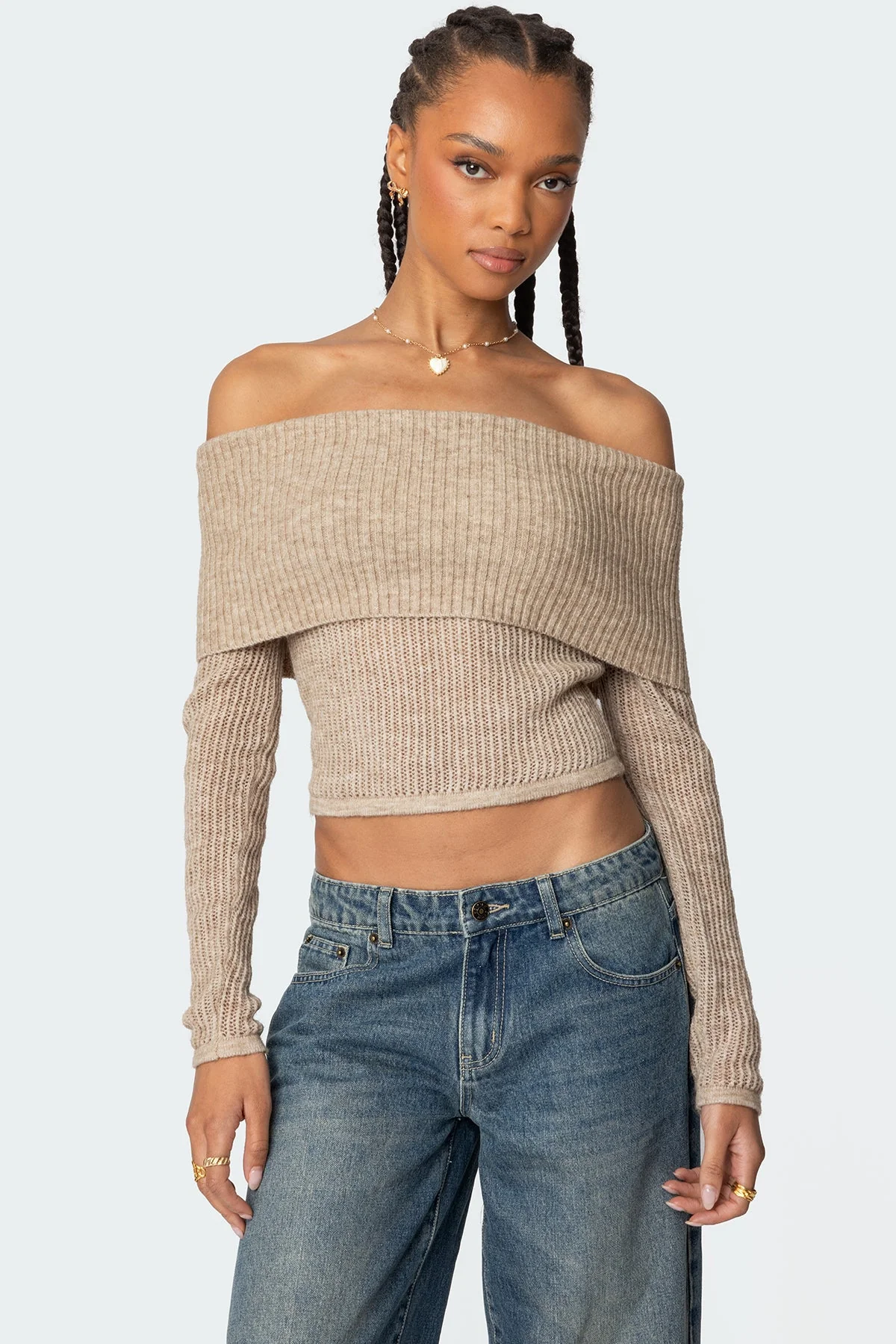 Beige Knit Fold Over Sweater Top