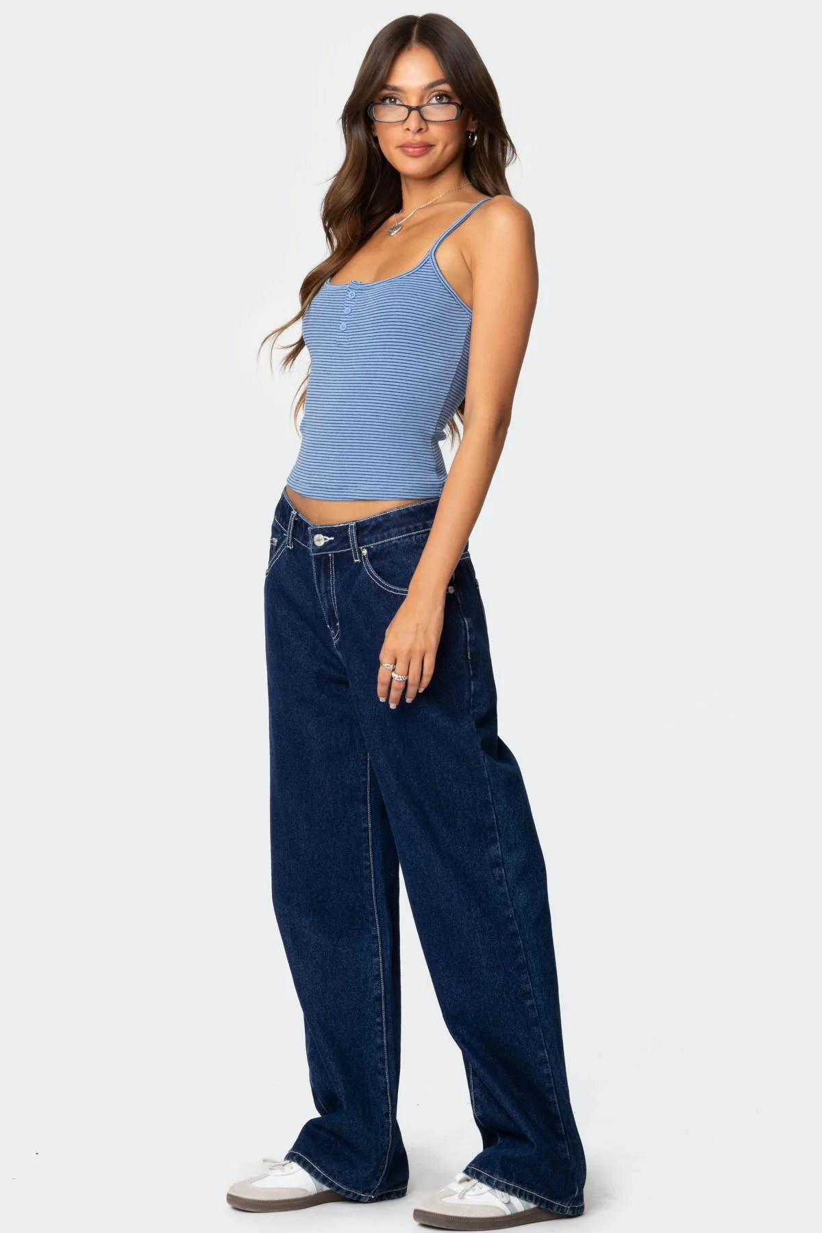 Blue Striped Henley Tank Top Womens Casual Loungewear