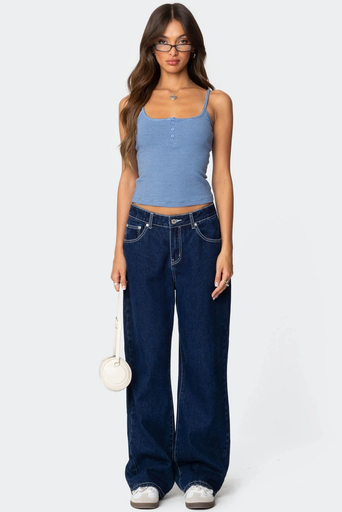 Blue Striped Henley Tank Top Womens Casual Loungewear