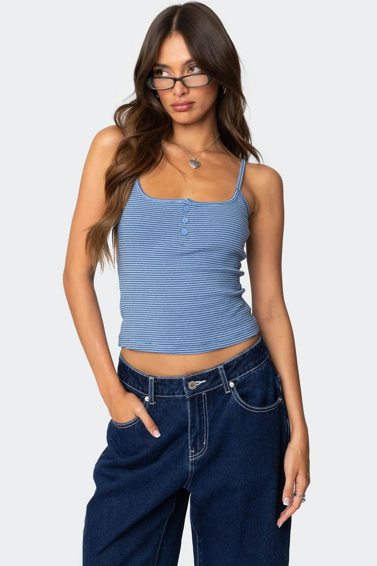 Blue Striped Henley Tank Top Womens Casual Loungewear