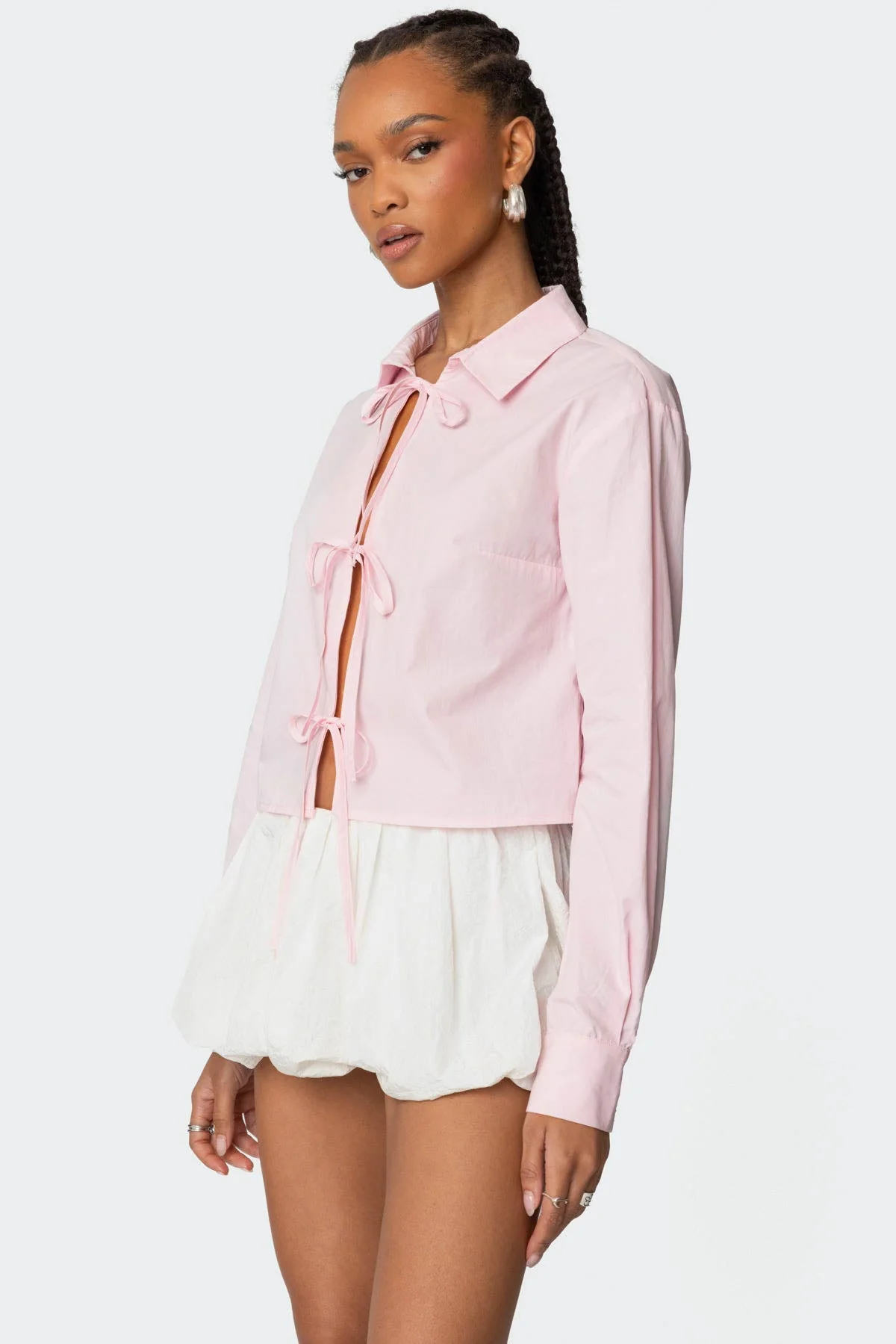 Light Pink Tie-Front Collared Shirt