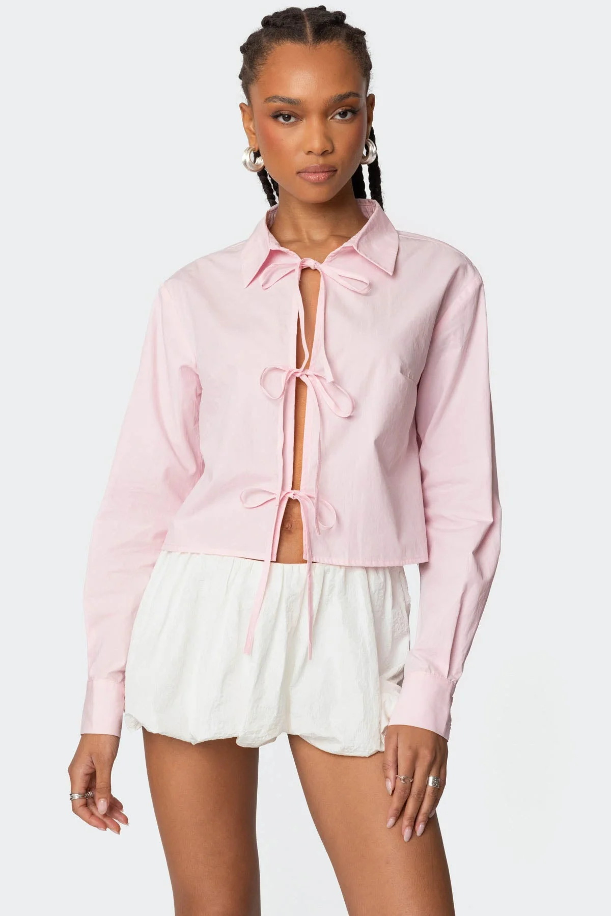 Light Pink Tie-Front Collared Shirt