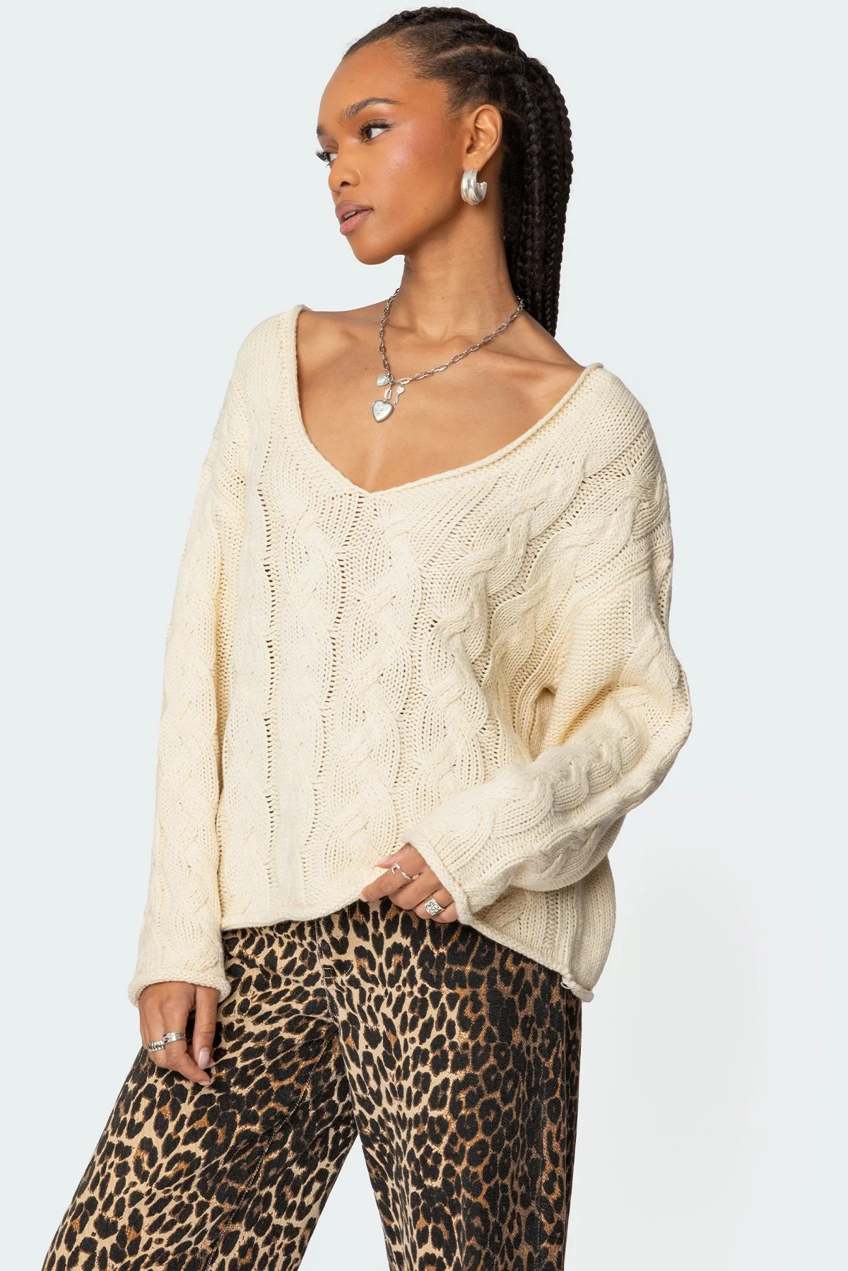 Cream Oversized Cable Knit Sweater Women Long Sleeve