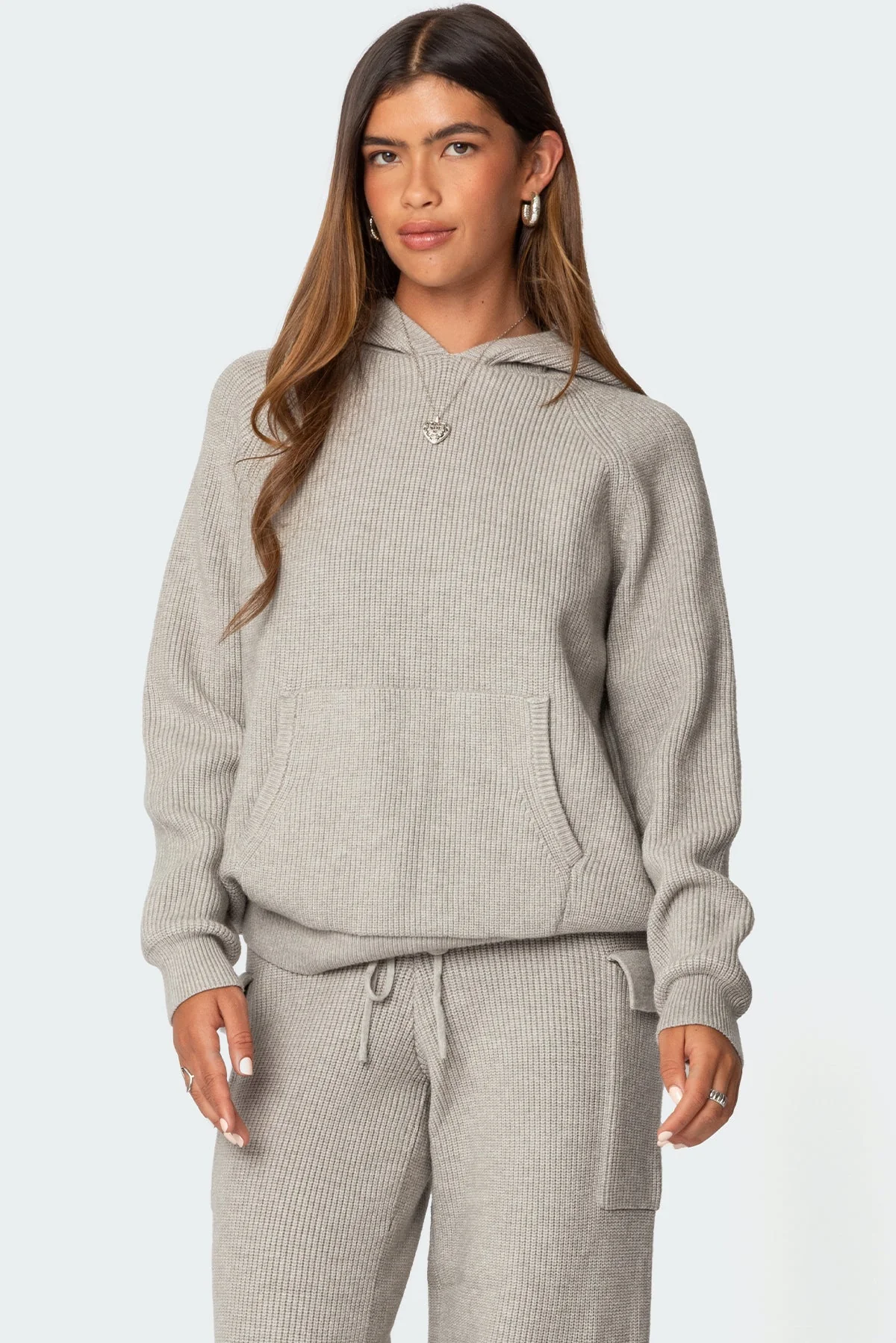 Cozy Gray Melange Knit Hoodie - Womens Oversized Sweatshirt