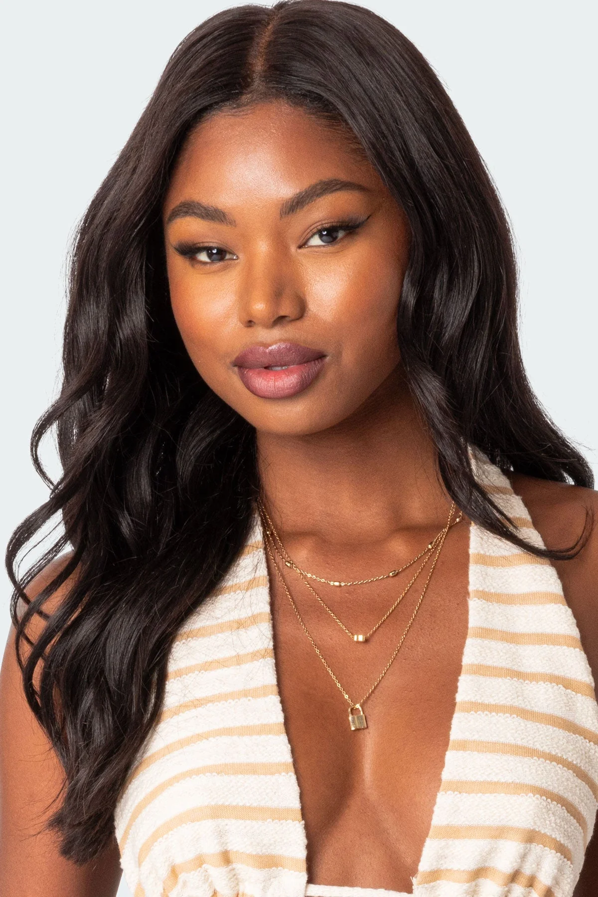 Layered Lock Necklace in Gold Tone Metal