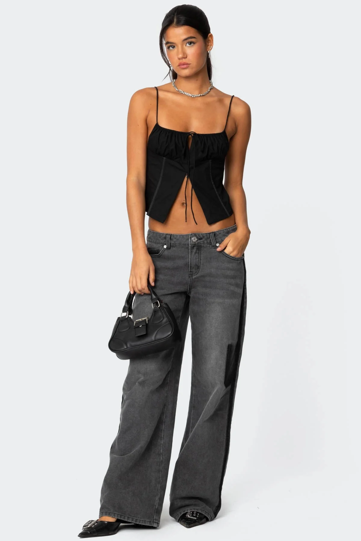 Black Poplin Corset with Tie Front Detail