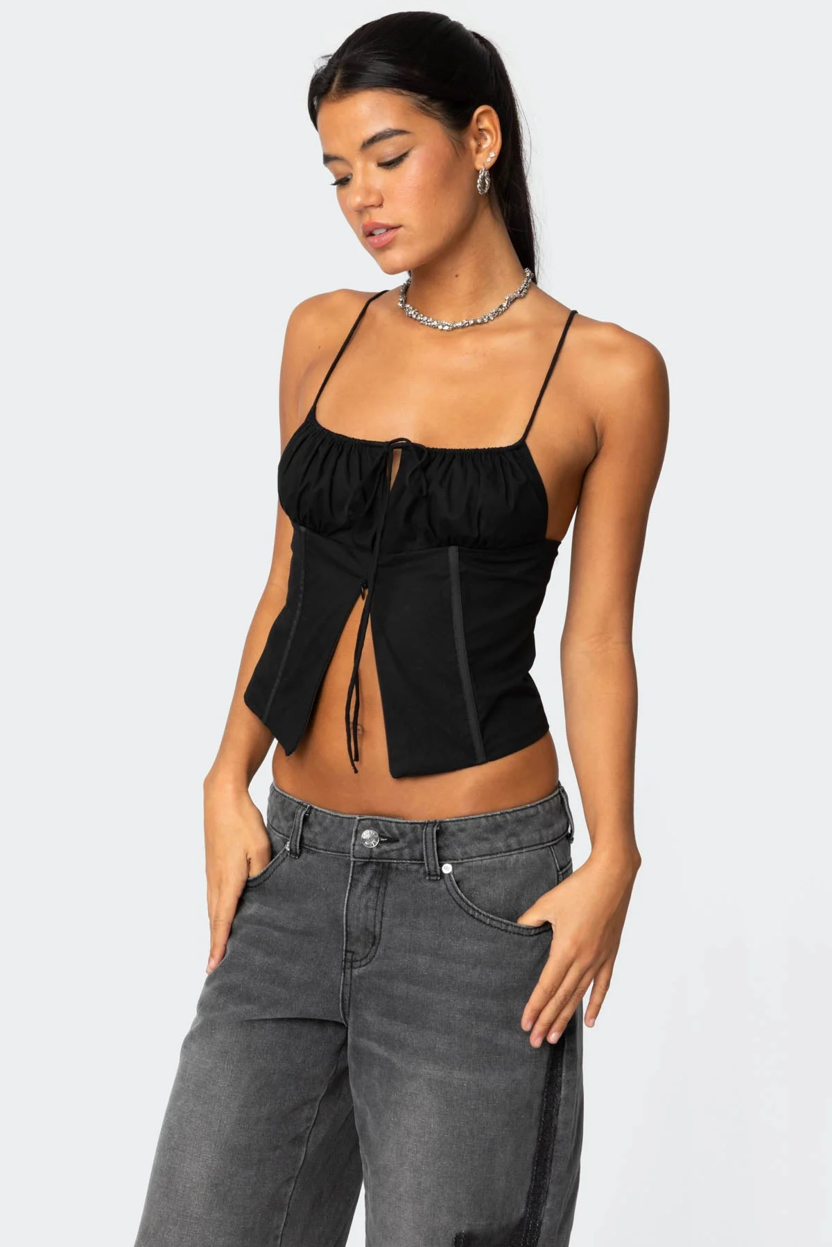 Black Poplin Corset with Tie Front Detail