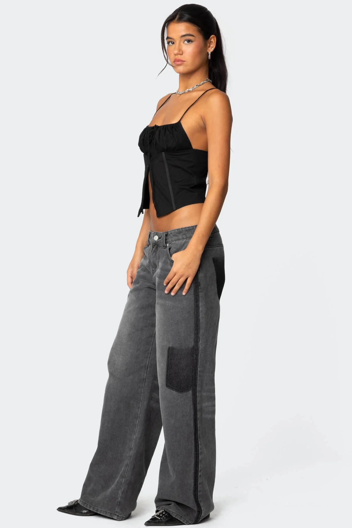 Black Poplin Corset with Tie Front Detail