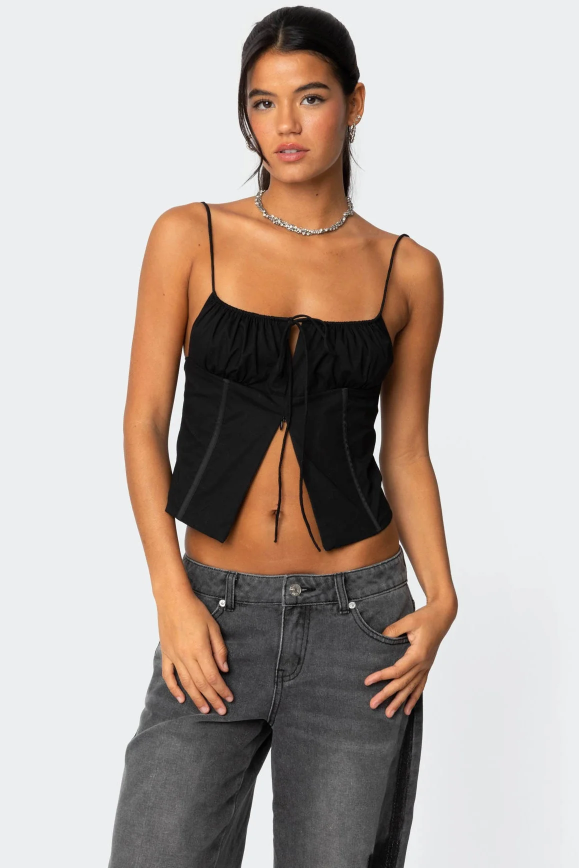 Black Poplin Corset with Tie Front Detail