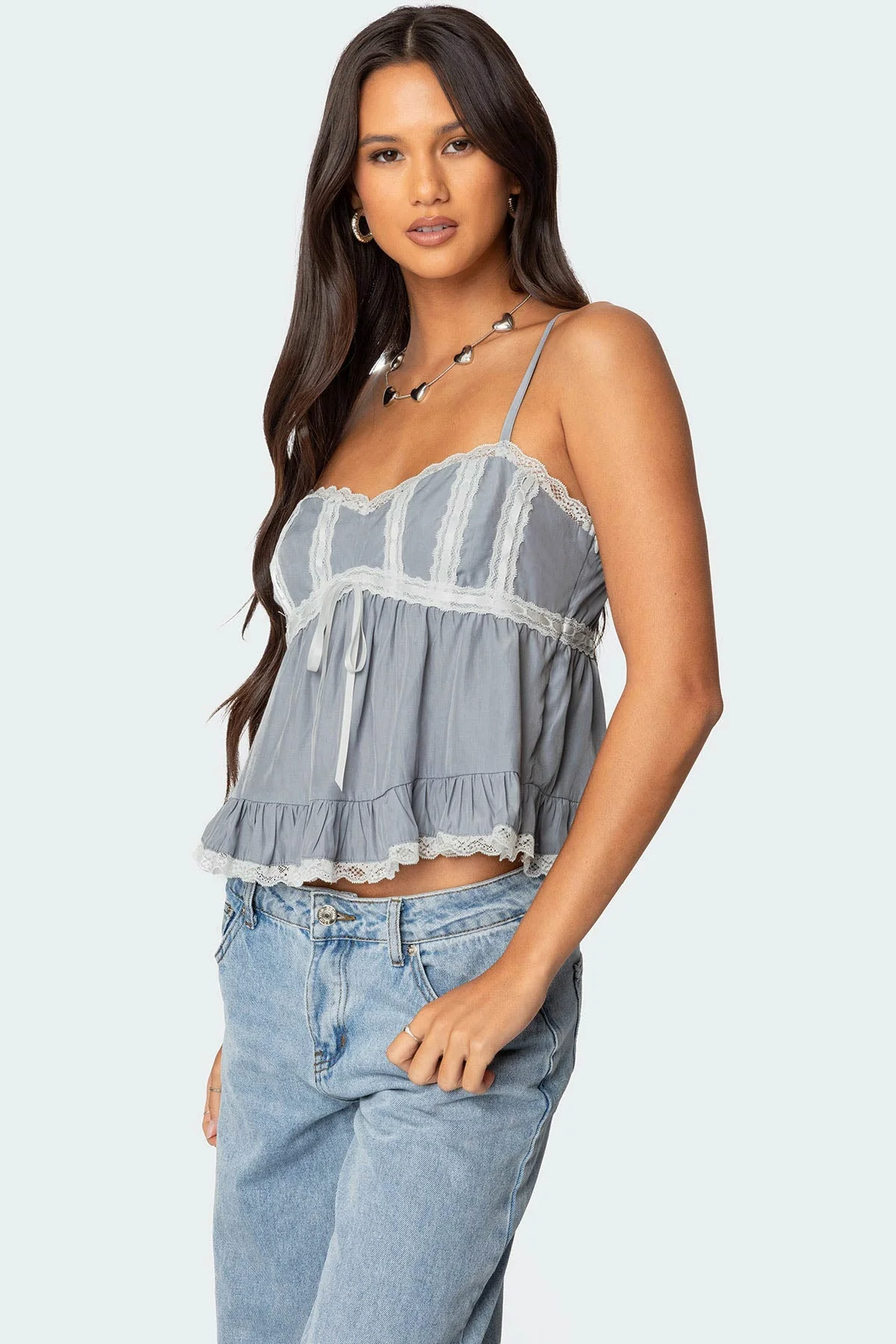 Gray Lace Trim Babydoll Tank Top XS-XXL