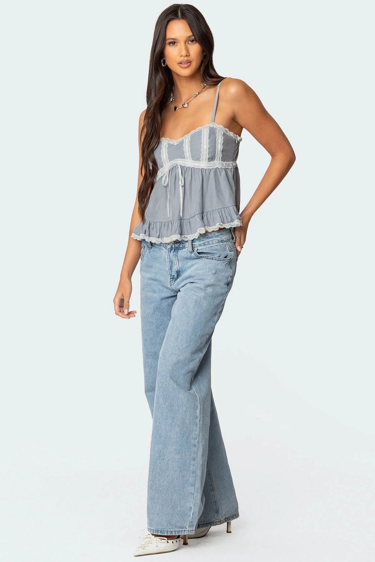 Gray Lace Trim Babydoll Tank Top XS-XXL