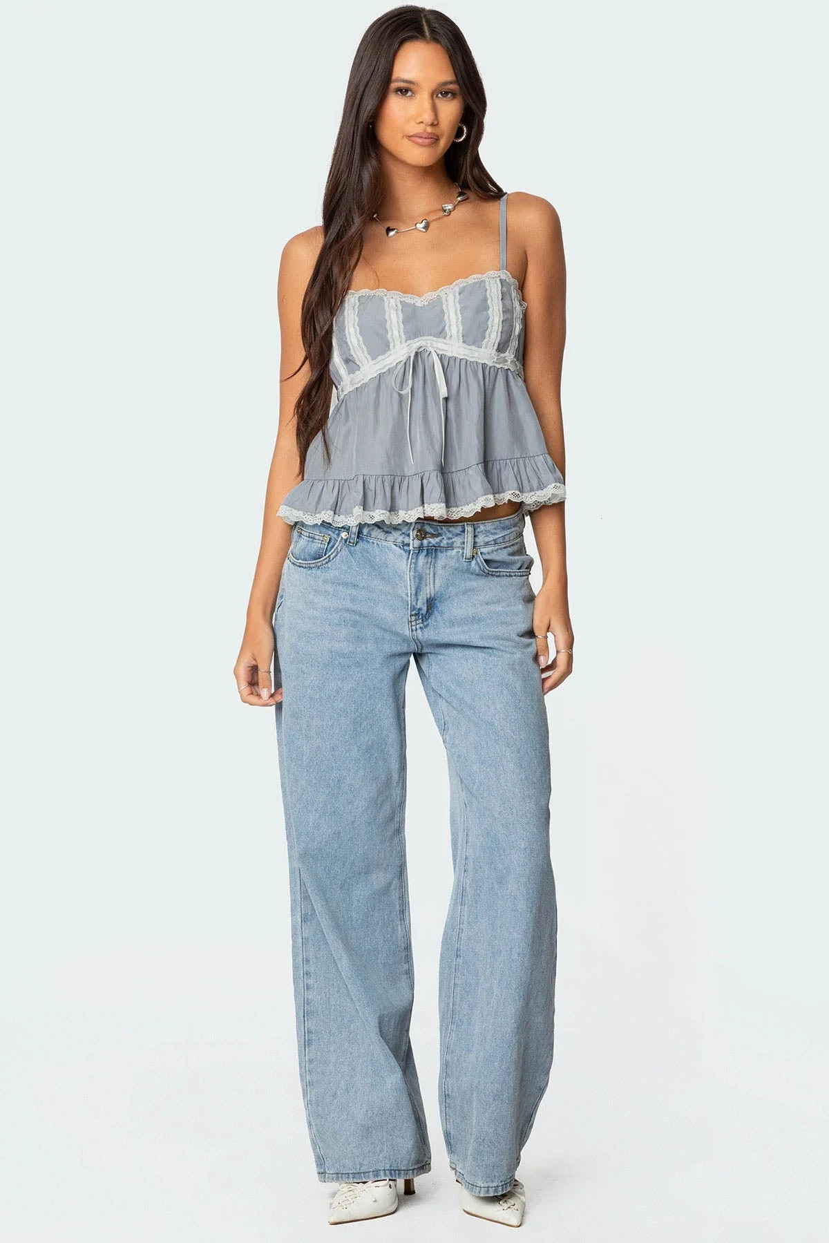 Gray Lace Trim Babydoll Tank Top XS-XXL