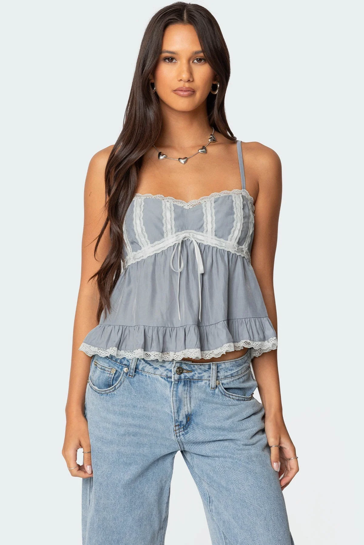 Gray Lace Trim Babydoll Tank Top XS-XXL