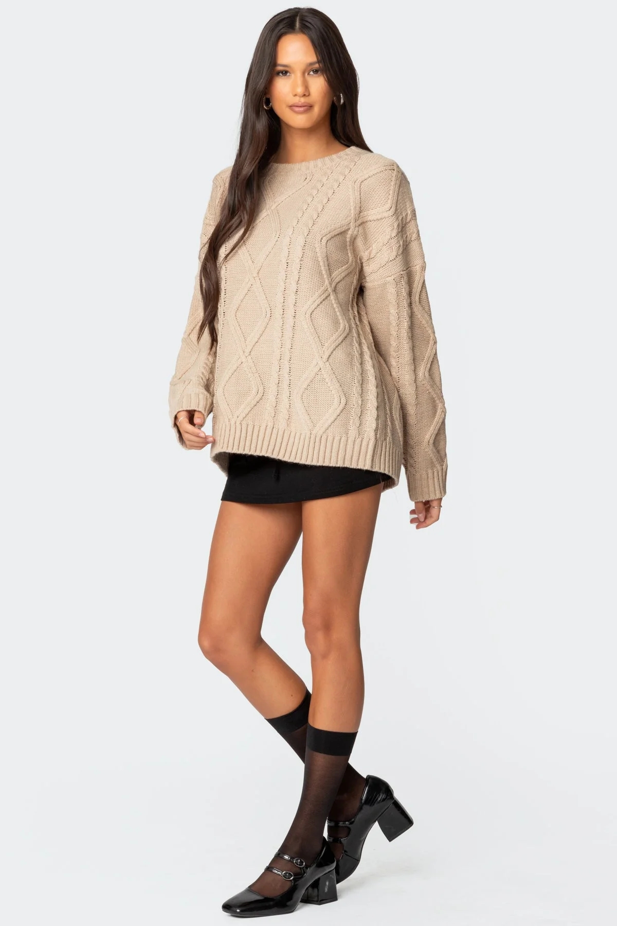 Beige Oversized Cable Knit Sweater