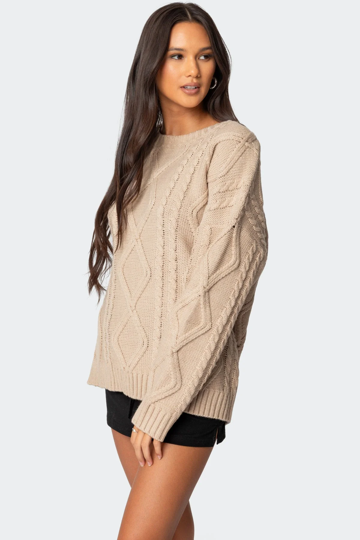 Beige Oversized Cable Knit Sweater