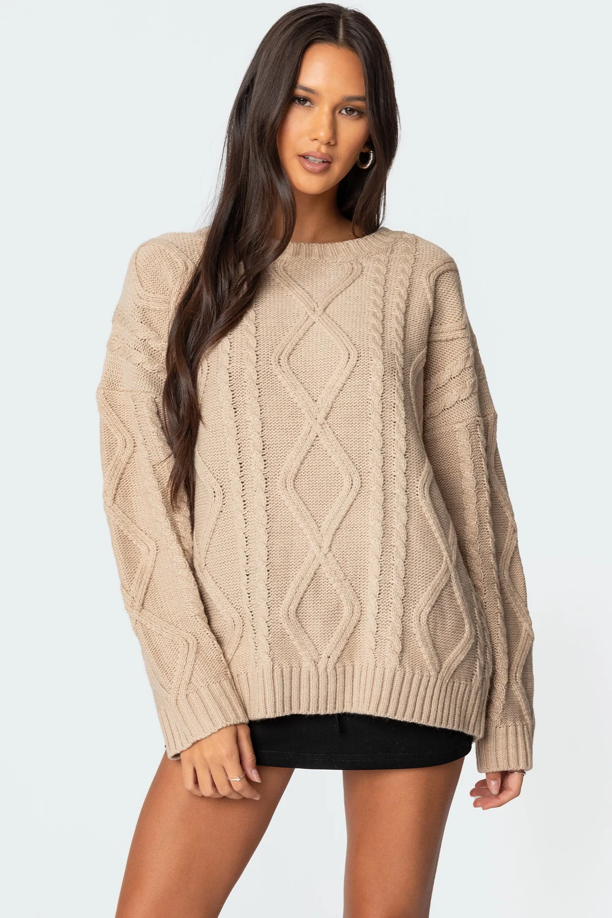 Beige Oversized Cable Knit Sweater