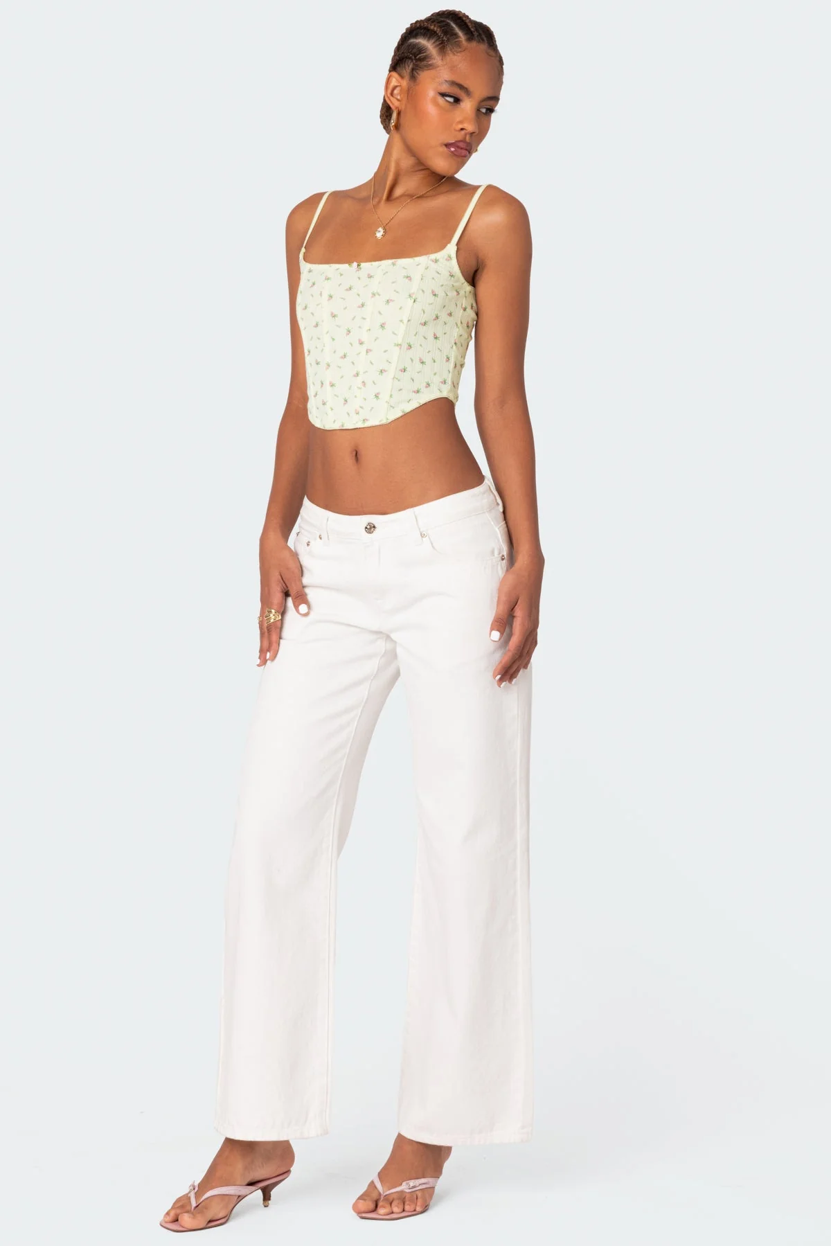 Floral Printed Pointelle Corset in Yellow - Adjustable Straps