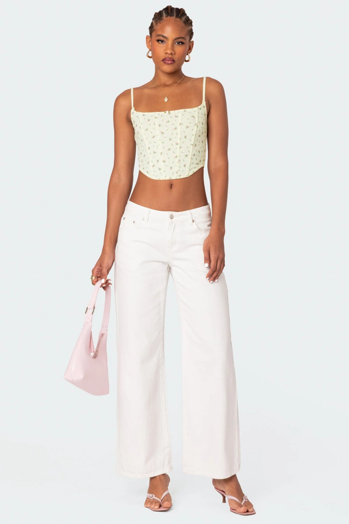 Floral Printed Pointelle Corset in Yellow - Adjustable Straps