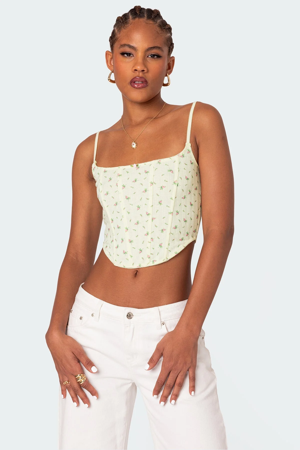 Floral Printed Pointelle Corset in Yellow - Adjustable Straps