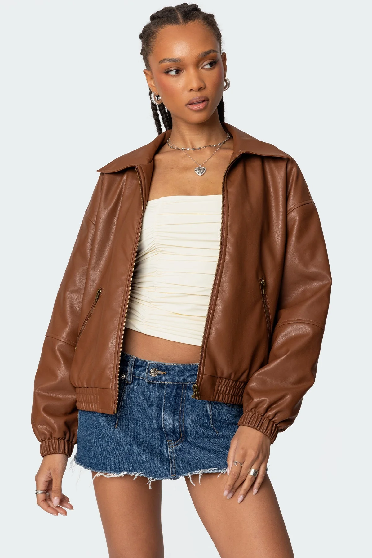 Brown Faux Leather Bomber Jacket - Stylish Outerwear for Men & Women