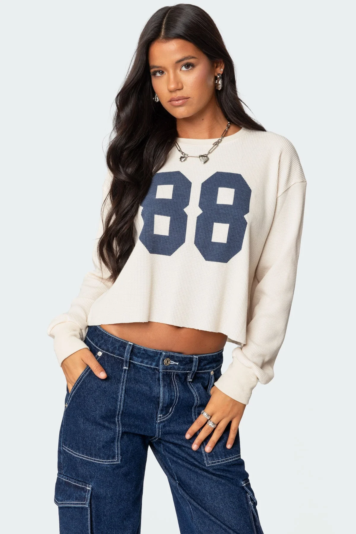 Cream Waffle Knit Long Sleeve T-Shirt - Womens Graphic Tee