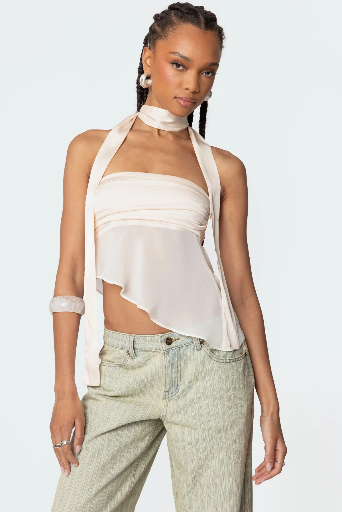 Cream Strapless Top with Asymmetric Scarf Detail