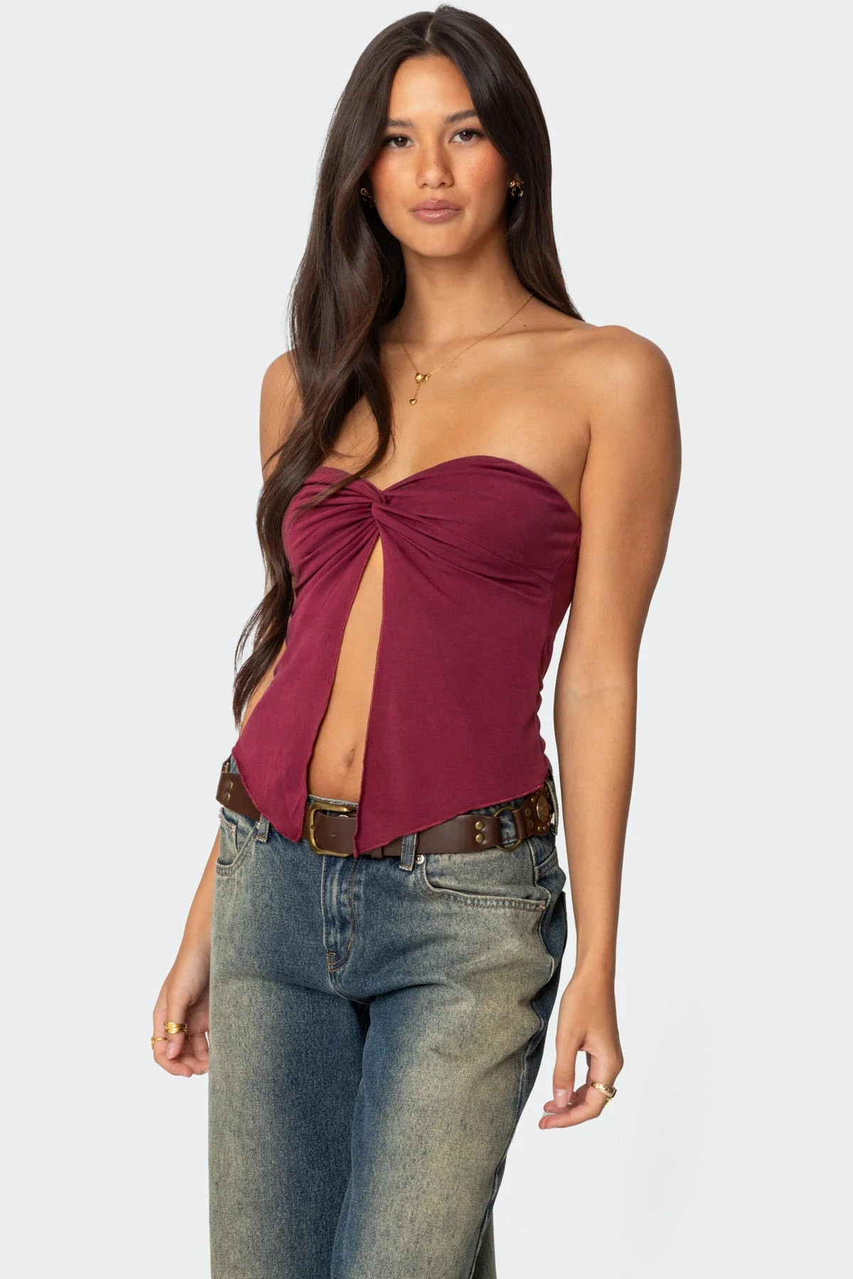 Burgundy Twist Front Strapless Tube Top