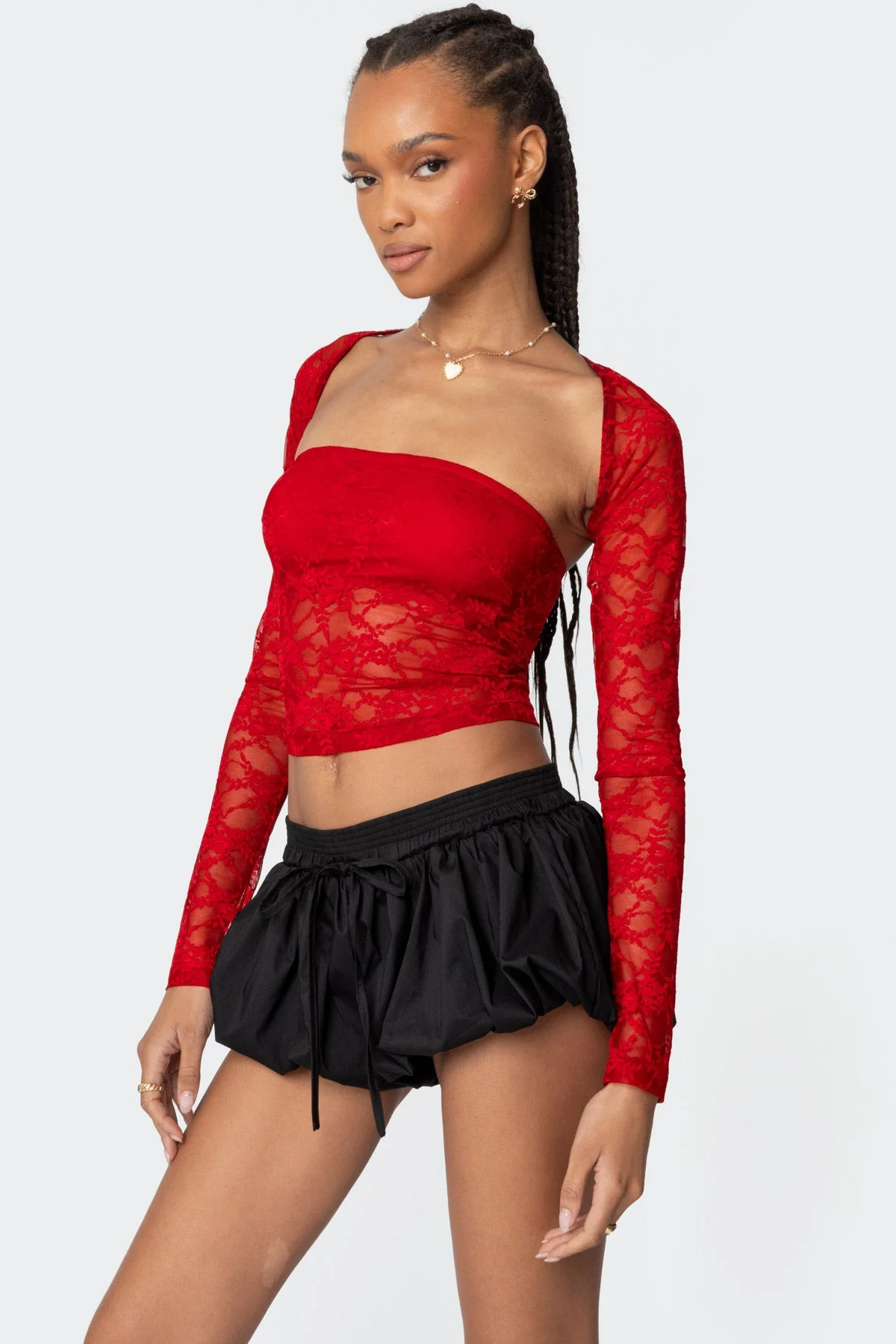 Red Sheer Lace Two-Piece Top for Women