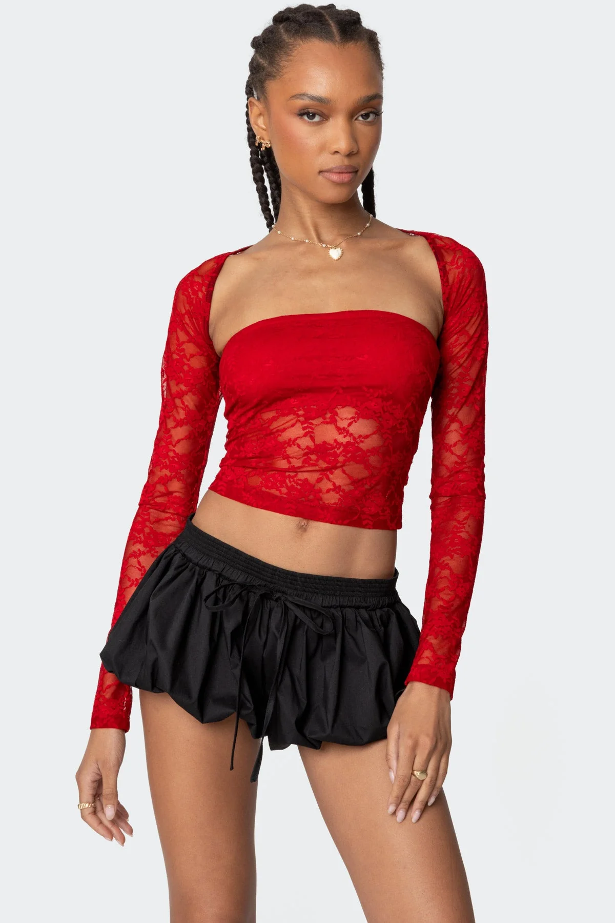 Red Sheer Lace Two-Piece Top for Women