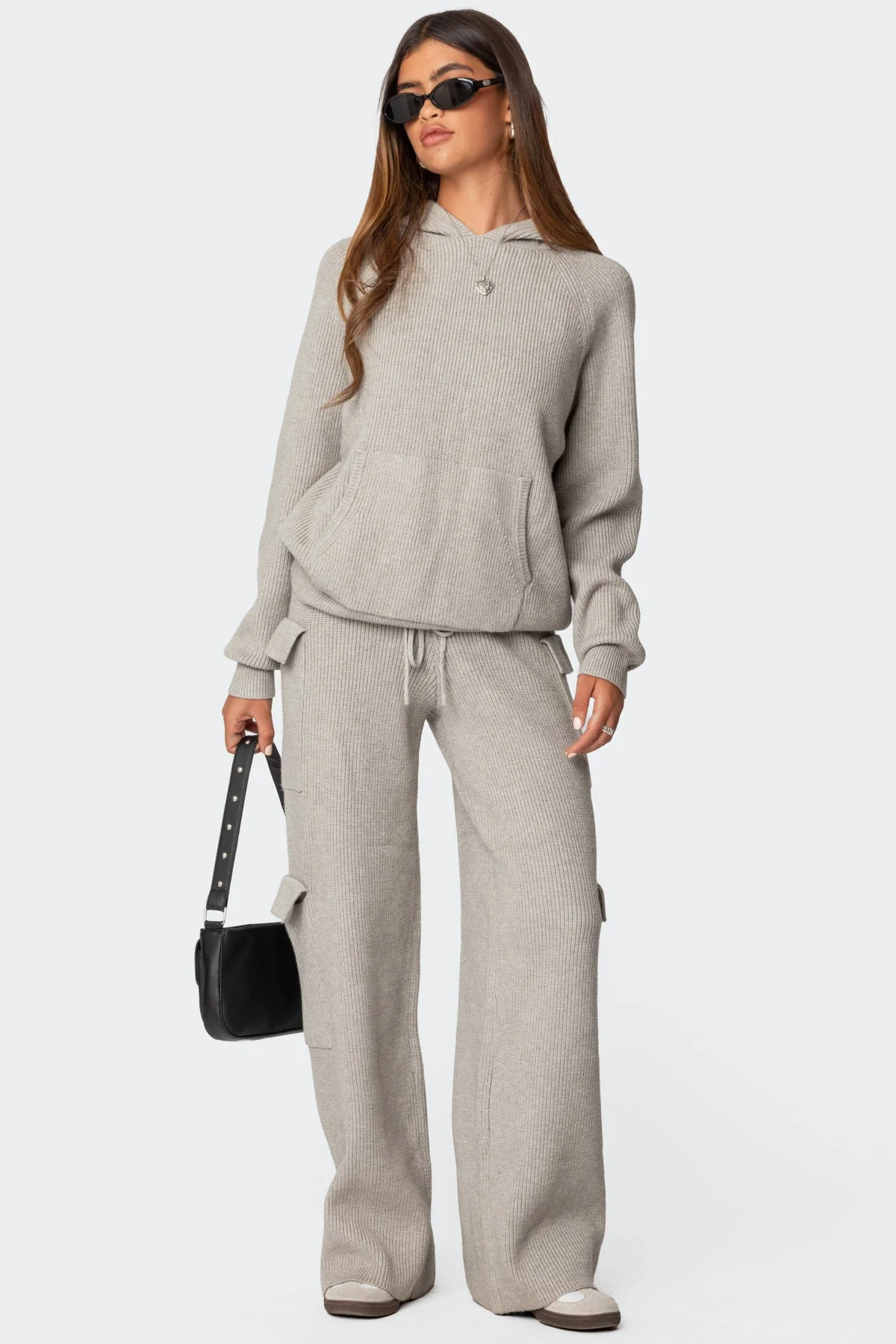 Gray Melange Knit Cargo Pants Set