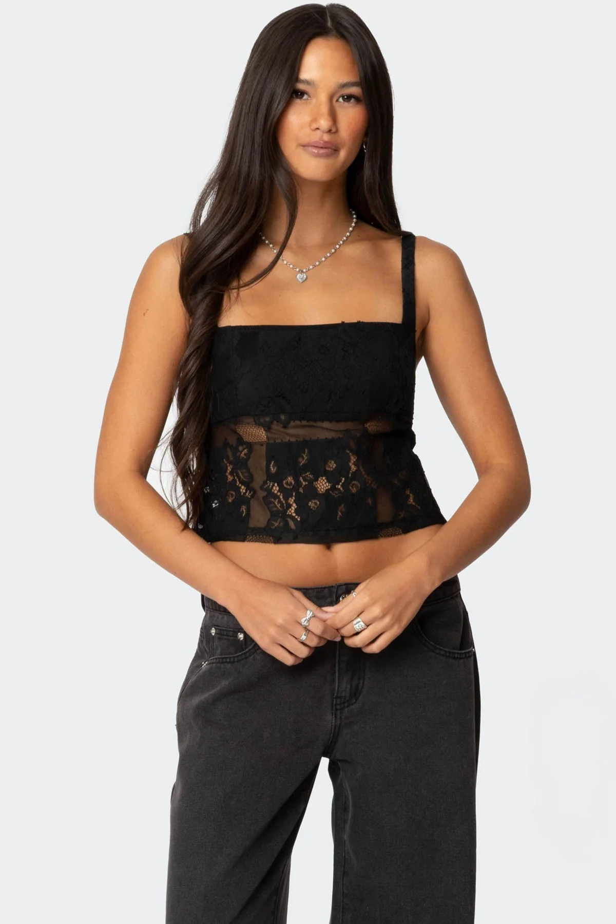 Black Lace Back Tie Top Women Adjustable Straps Crochet Detail